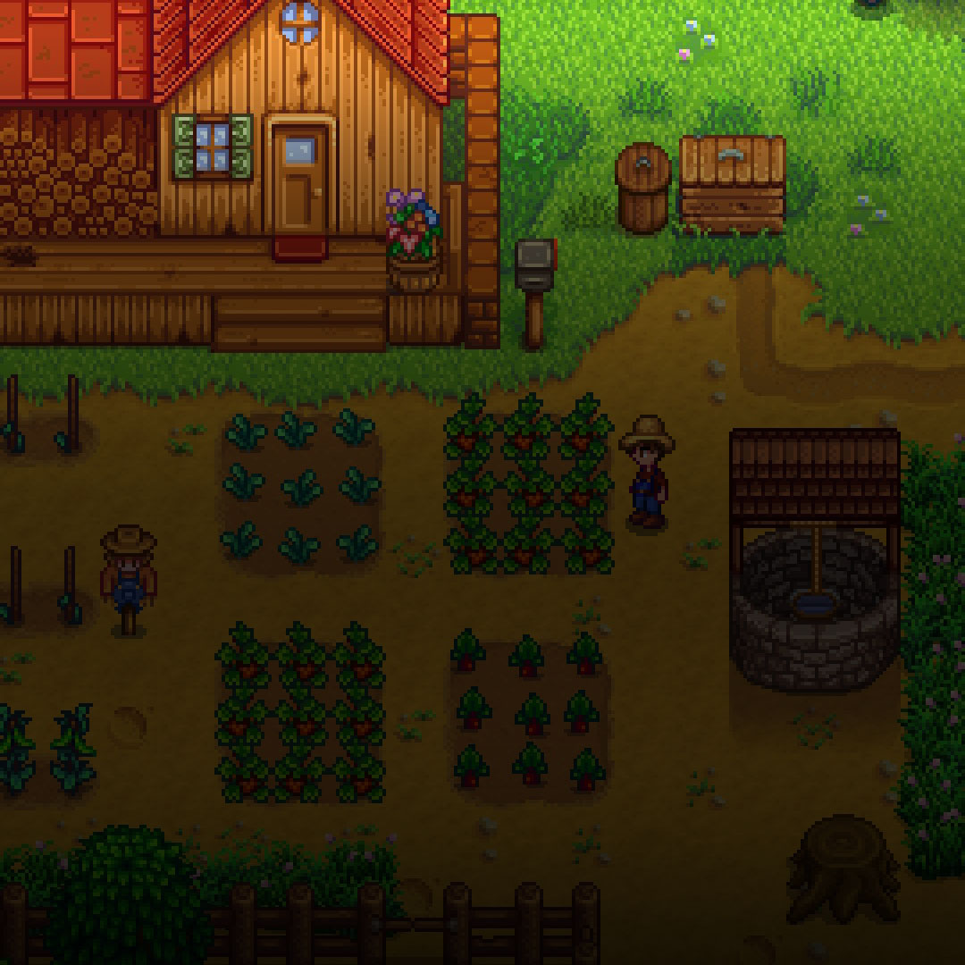 Stardew Valley-Bauernhof mit einem Haus, Erntefeldern und einem Brunnen