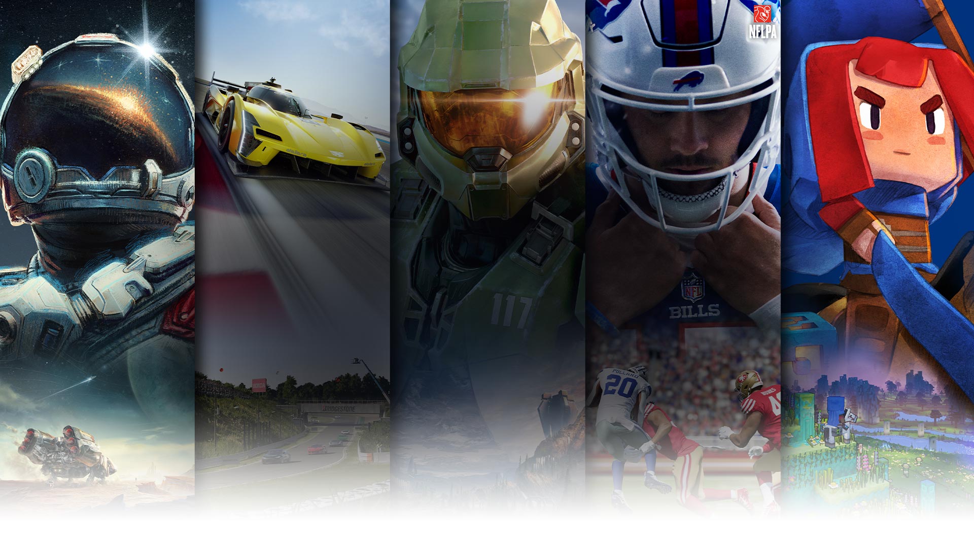 Mosaico de Starfield, Forza Motorsport, Halo Infinite, Madden NFL 25 y Minecraft Legends.