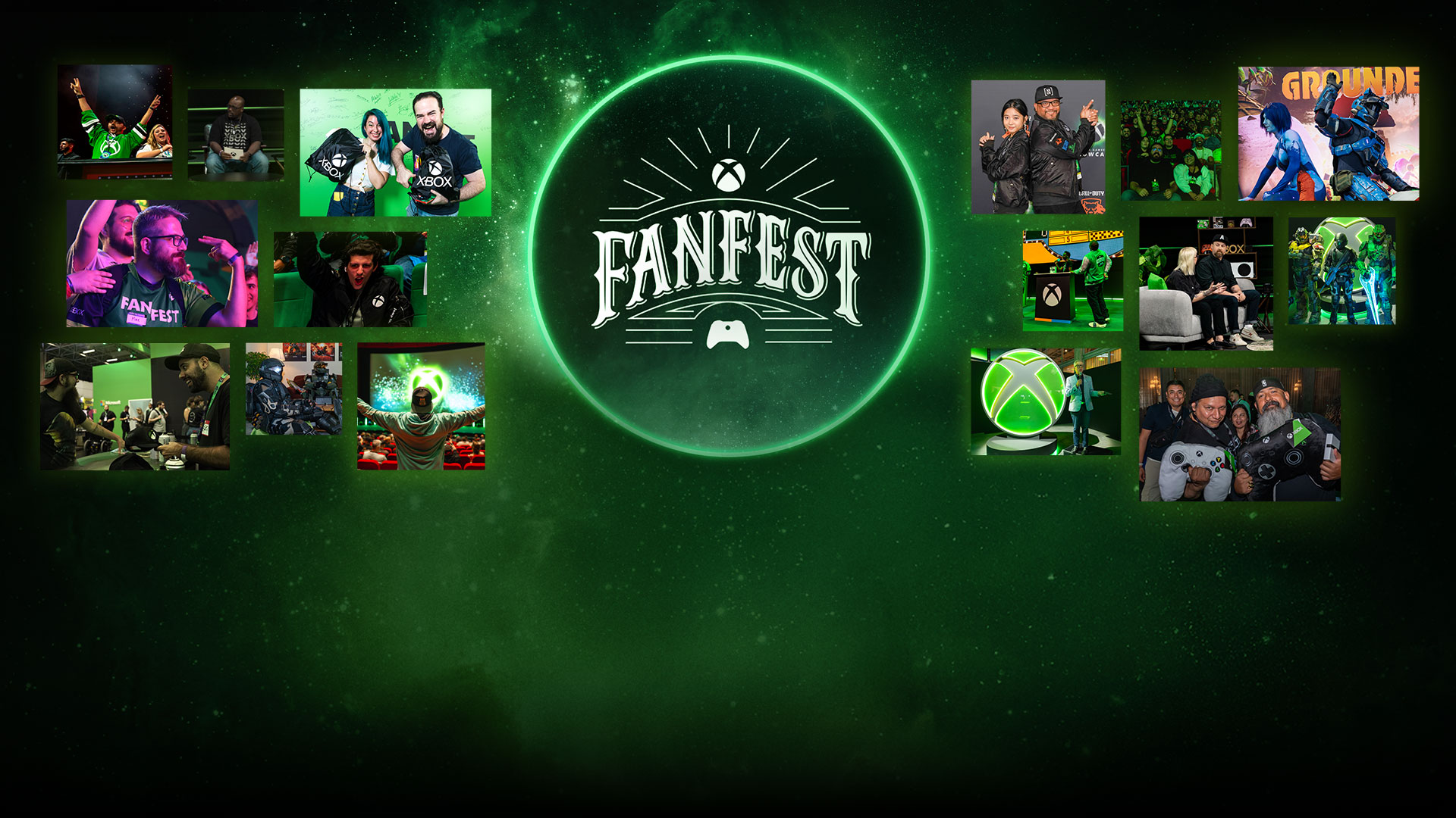 XBOX FanFest logo on a green background surrounded by a collage of images from FanFest Events.