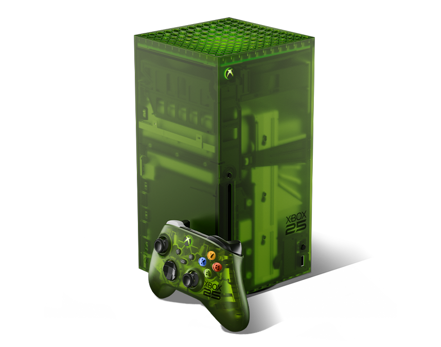 Front left angled view of the XBOX Series X25 Limited Edition with XBOX Wireless Controller X25 Special Edition