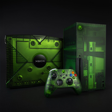 An original XBOX console alongside a 25th anniversary XBOX Wireless Controller and XBOX Series X, all in translucent green.
