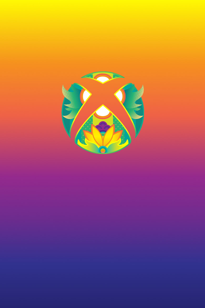 The Xbox logo filled with Indigenous-inspired patterns in front of a gradient.