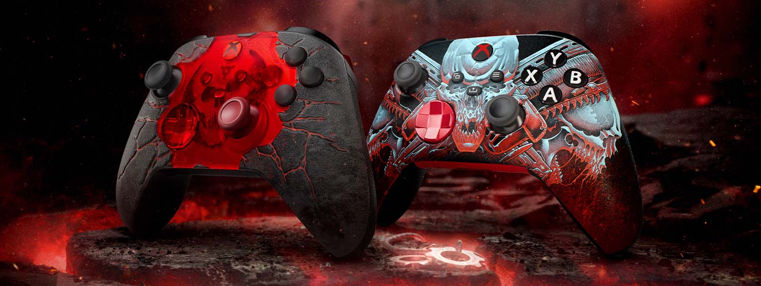 Gears of War: E-Day-logo, beide XBOX draadloze controller - Gears of War: E-Day-controllers samen op een achtergrond van een lavaveld