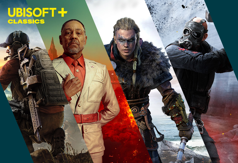 Ubisoft plus Classics, four panels showing game art from Watch Dogs 2, Far Cry 6, Assassin's Creed Valhalla, and Rainbow Six Siege