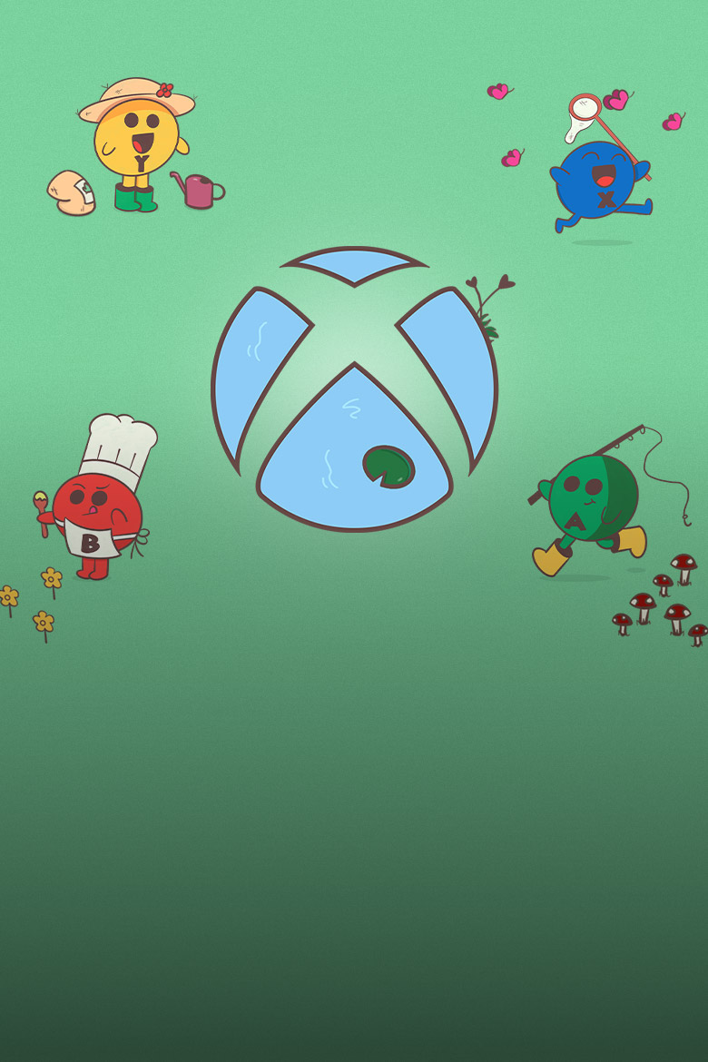 Four cartoon characters shaped as Xbox controller buttons running around a pond shaped like the Xbox logo.