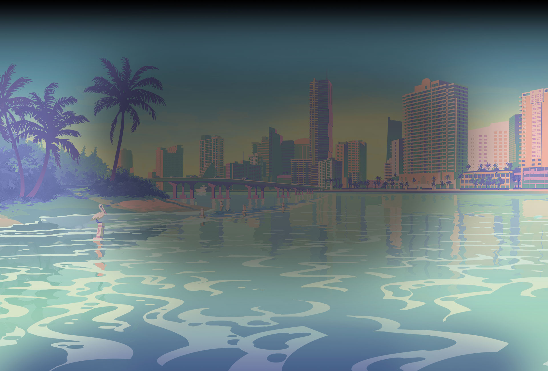 Stylized illustration of a coastal city skyline at sunset, featuring tall modern buildings, a bridge over calm water, and palm trees along the shore
