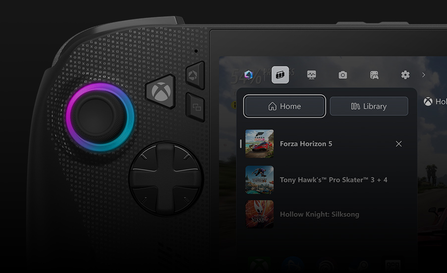 มุมมองระยะใกล้ของปุ่ม Xbox โดยมี UI ของ Game Bar แสดงอยู่บน ROG Xbox Ally X