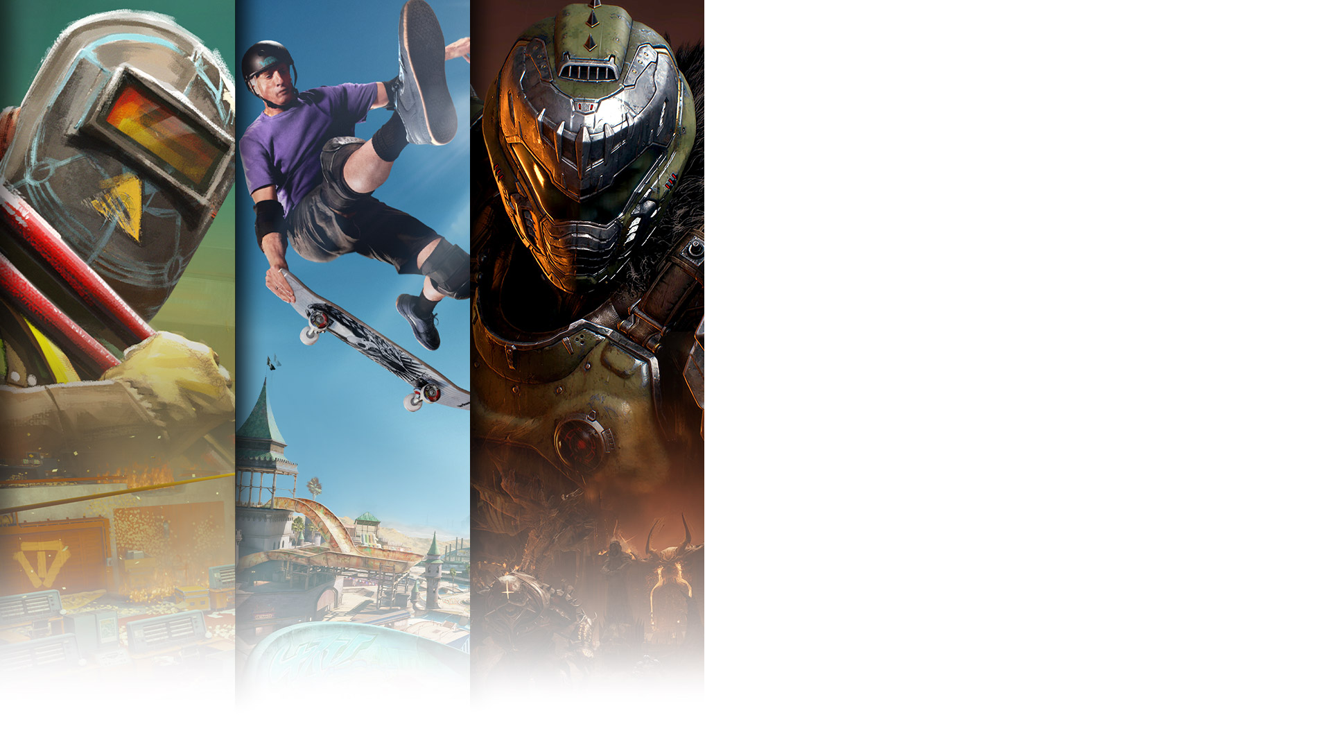 Game art from three titles arriving day one on Game Pass including FBC: Firebreak,Tony Hawk's Pro Skater 3 + 4, and Doom: The Dark Ages.