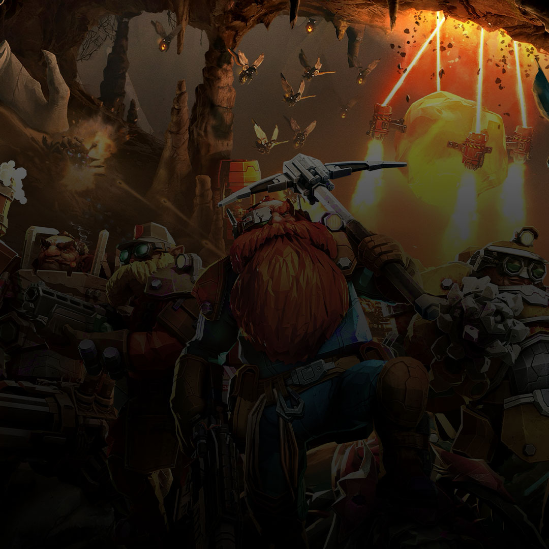 4 Bergleute aus Deep Rock Galactic in einer Höhle mit Käfern und Bergbauausrüstung