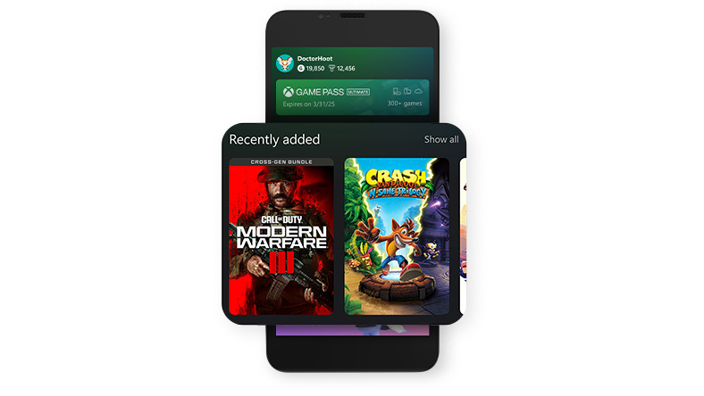 A mobile phone showing the XBOX mobile app user interface.