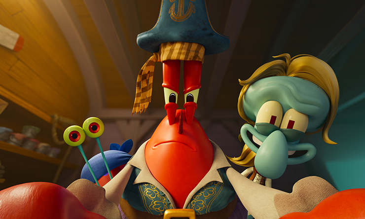 Mr. Krabs, Squidward, and Gary dressed up as pirates.