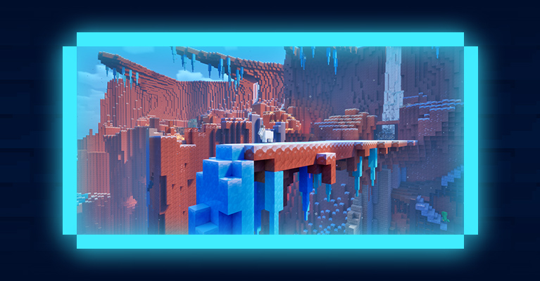 A lone goat stands on an icy suspended walkway with a waterfall in the background. 
