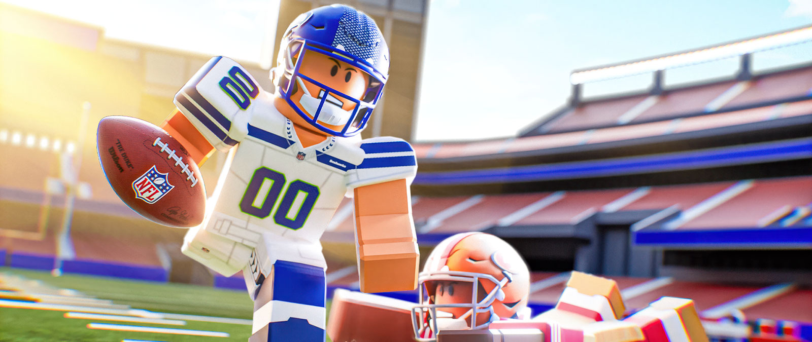 Two roblox characters wearing NFL team jerseys playing football.