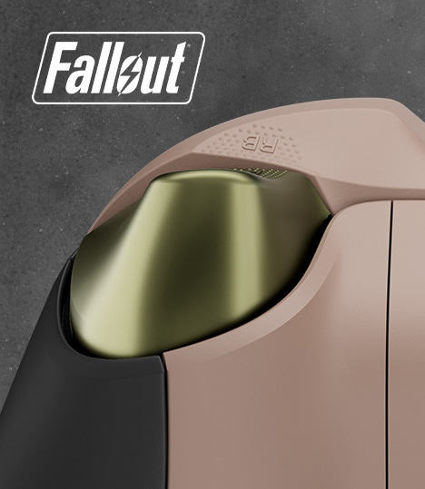 Fallout logo, detailed view of the controller’s back right triggers