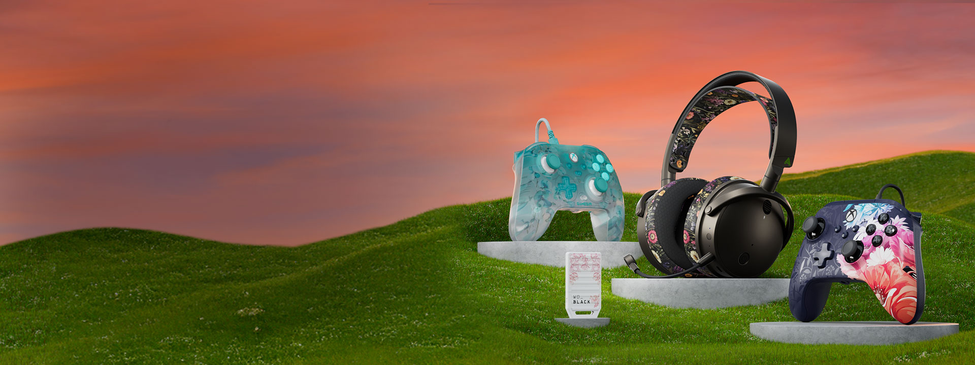 A group of accessories including a headset, two controllers, and a storage expansion card sitting on platforms in a field of green.