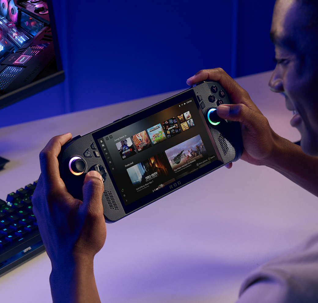 Gamer using the Xbox ROG Xbox Ally X with UI showing the Xbox app home screen