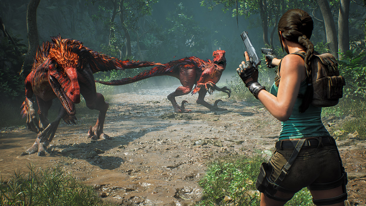 Lara Croft faces off against two red raptors.