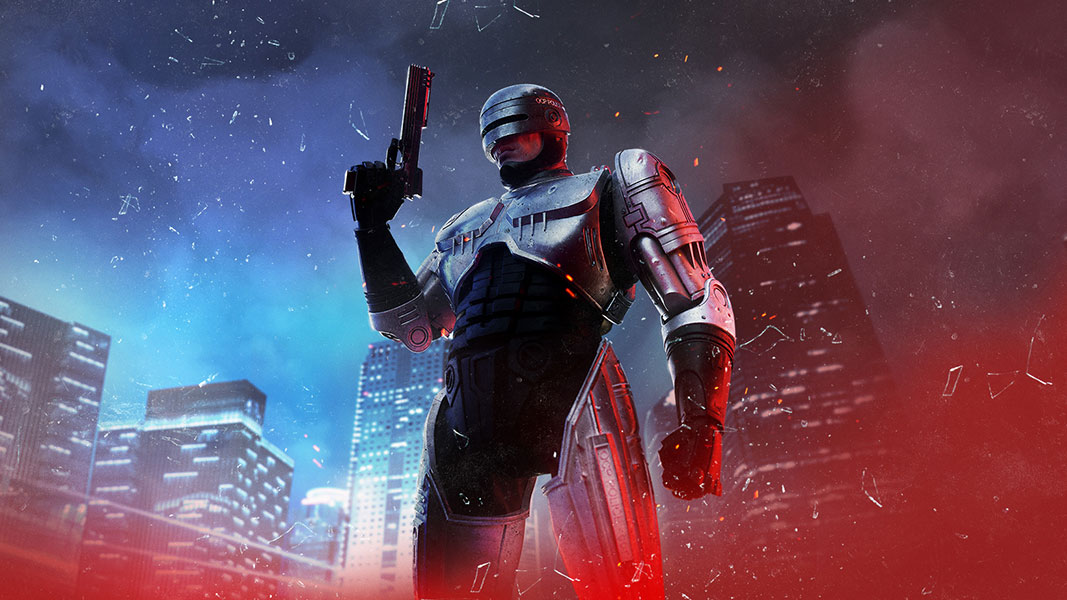 Robocop staat met zijn pistool in de aanslag voor een duistere metropool