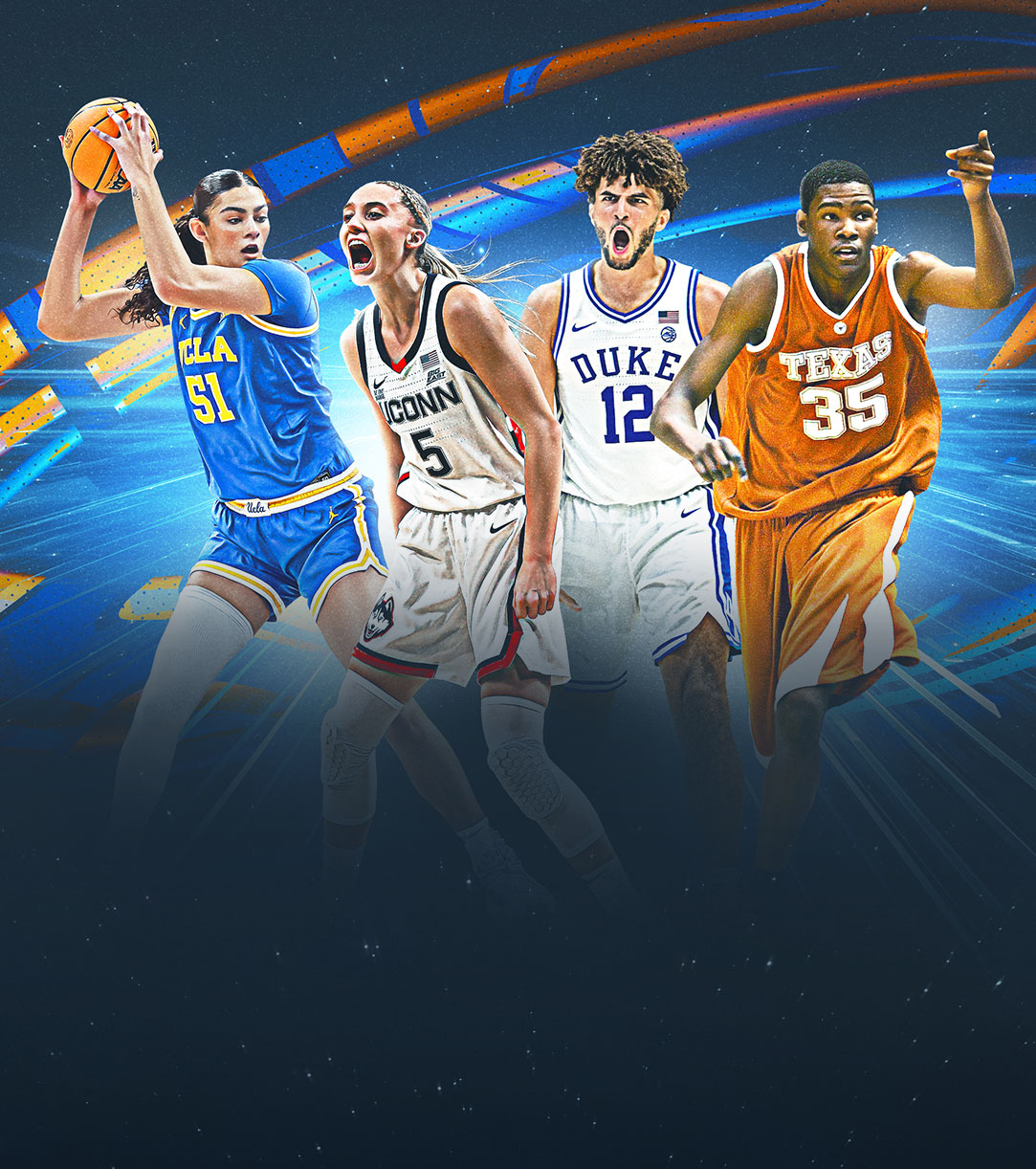 Collage mit Actionaufnahmen von Lauren Betts von der UCLA, Paige Bueckers von der University of Connecticut, Cam Boozer von den Duke und Kevin Durant von der University of Texas.