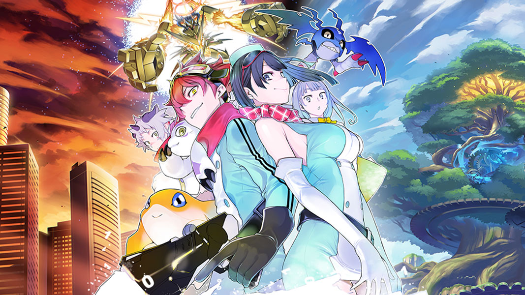 A collage of Digimon Tamers and their Digimon split between the real world and the digital world