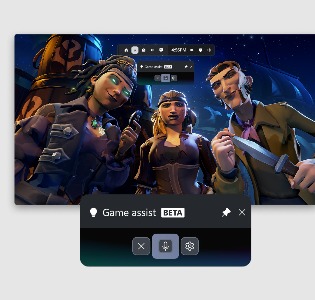 Un écran de PC affichant l’illustration principale de Sea of Thieves représentant un groupe de pirates accompagné de l’assistant de jeu (bêta). Superposition de la Game Bar. 