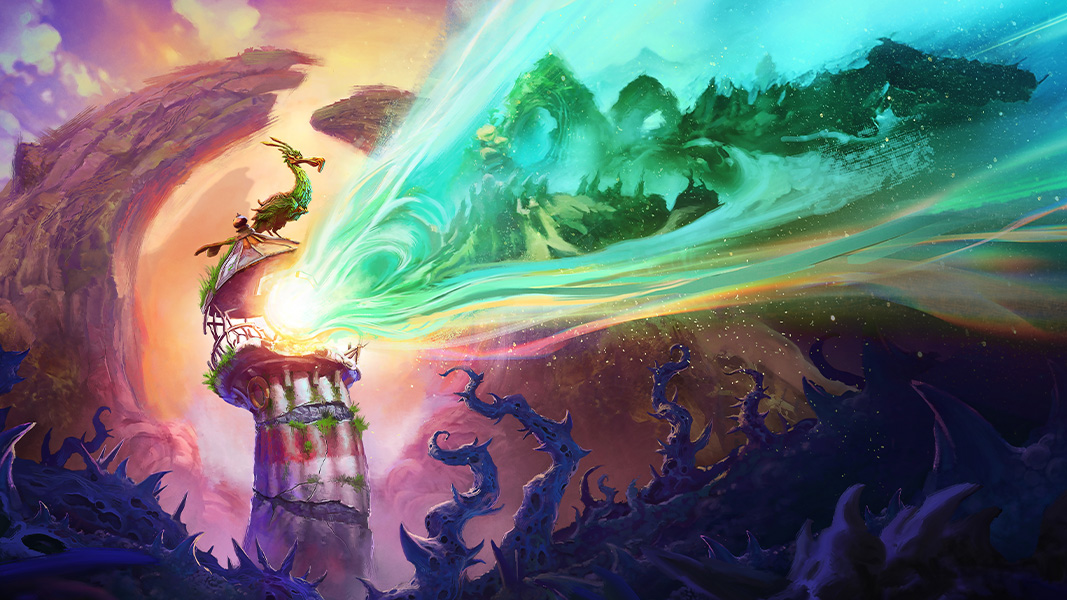 A bird is perched atop a lighthouse, the light casts a ray with an image of mysterious lands 