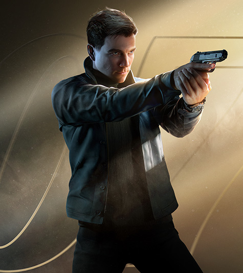 An agent stands in front of the 007 logo aiming his pistol