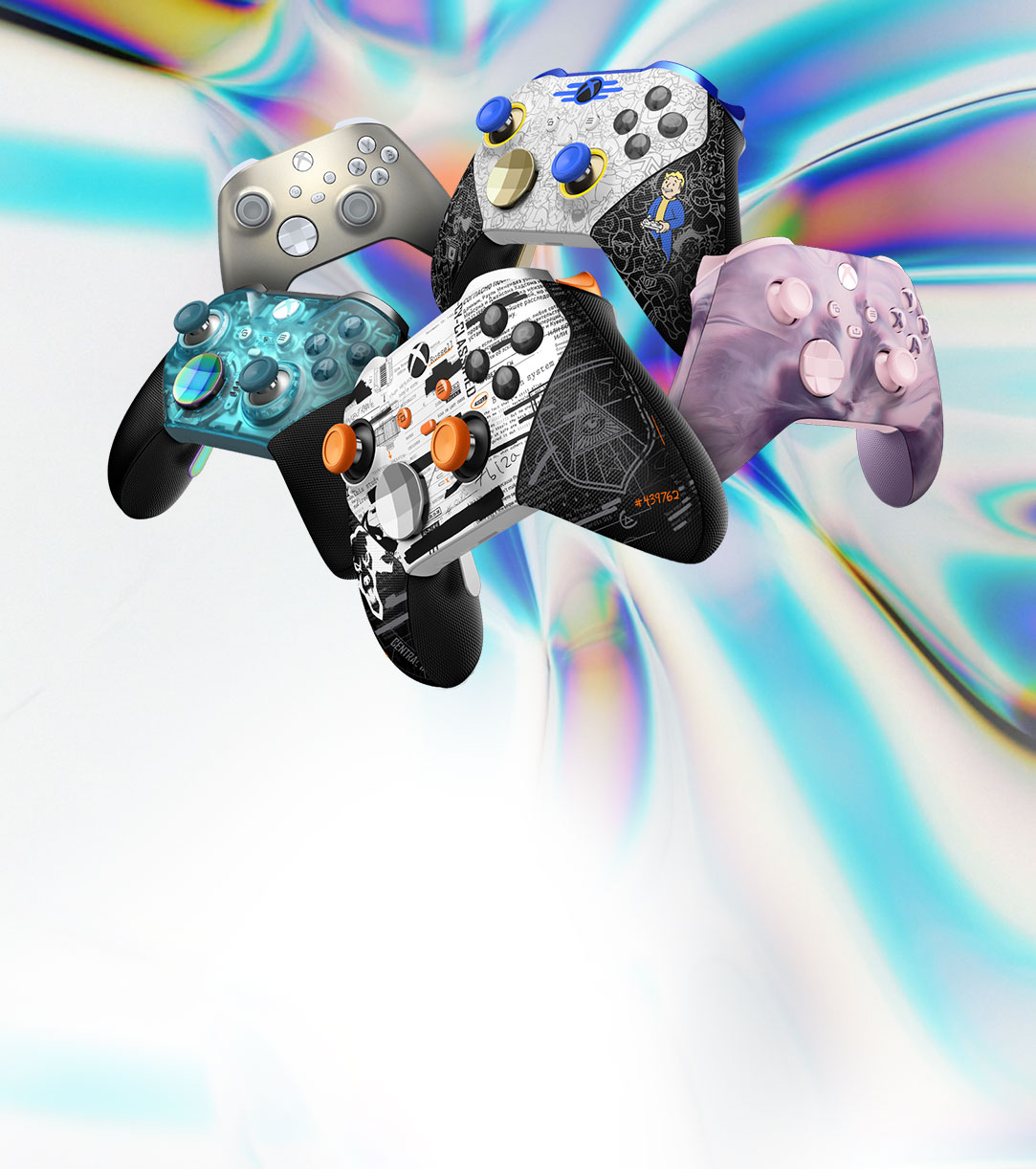 Collage of Xbox Design Lab elite and standard controllers on a funky background