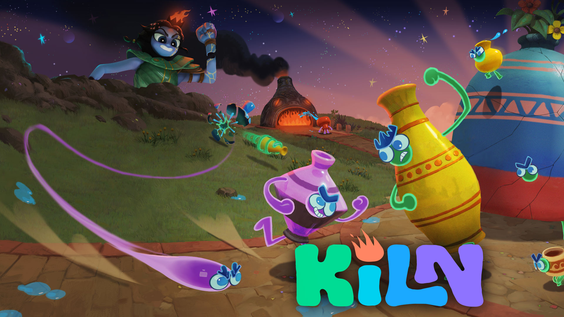 Kiln logo, brightly coloured anamorphic clay pots run across a cobblestone street with a workshop and flaming kiln in the background. 