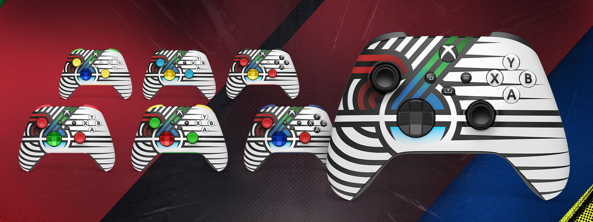Collection de plusieurs manettes sans fil XBOX – Team Spirit en édition limitée avec XBOX Design Lab, dans différentes combinaisons de couleurs devant un fond coloré