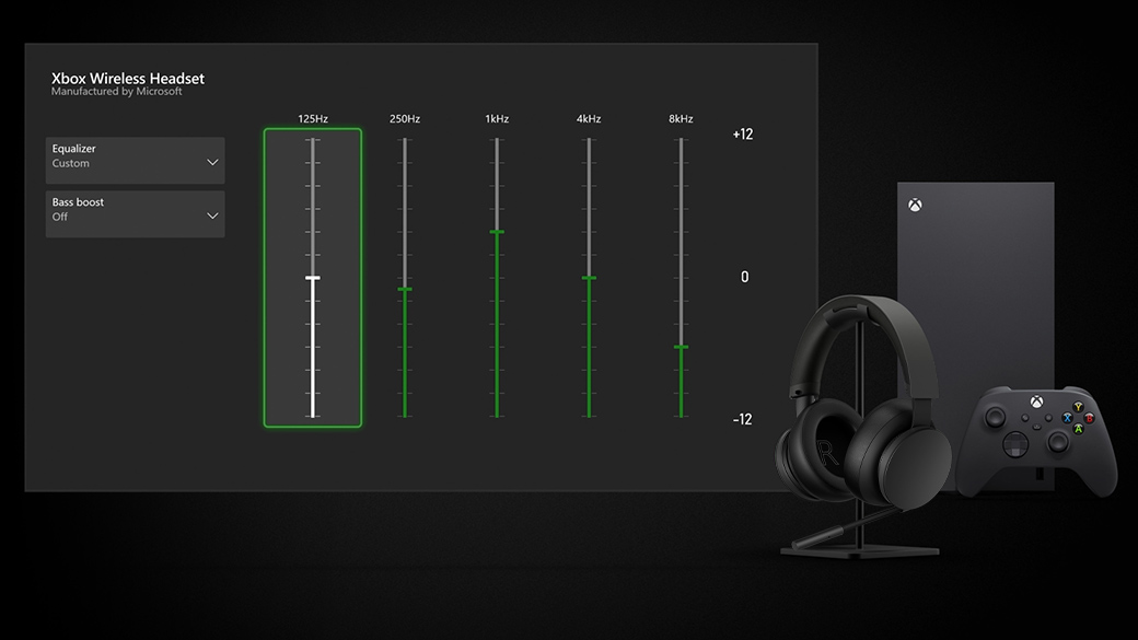 Dashboard delle impostazioni delle cuffie Wireless per Xbox con cuffie, console Xbox Series X e controller Wireless per Xbox sul lato