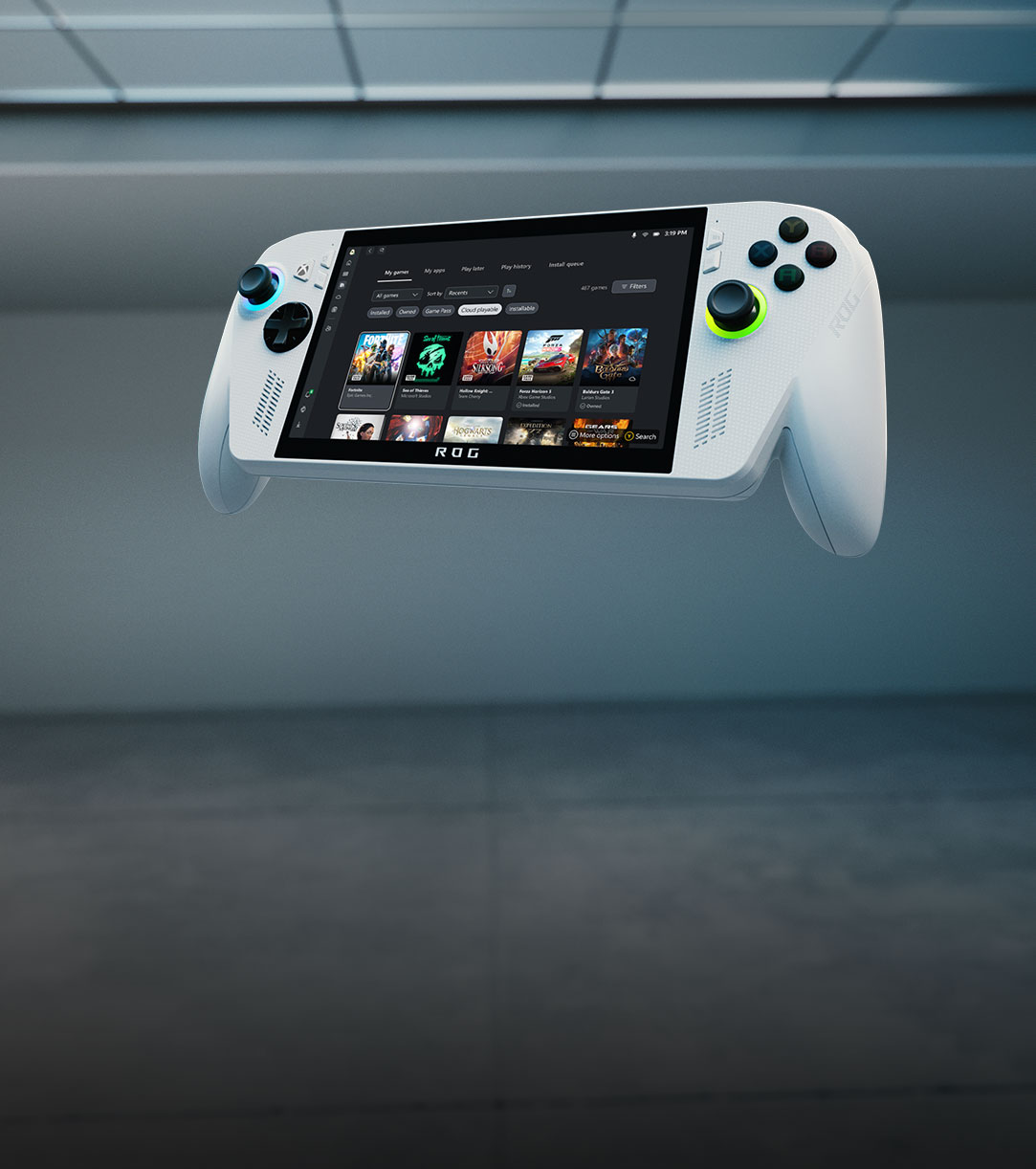 The ROG Xbox Ally floating with the dashboard open