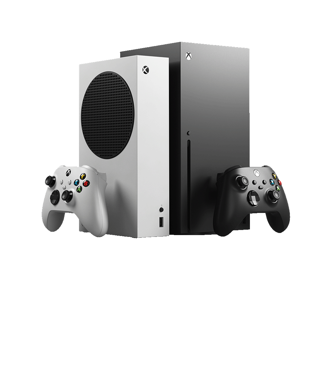 Vorderansicht von 2 Xbox Series X|S-Konsolengeräten