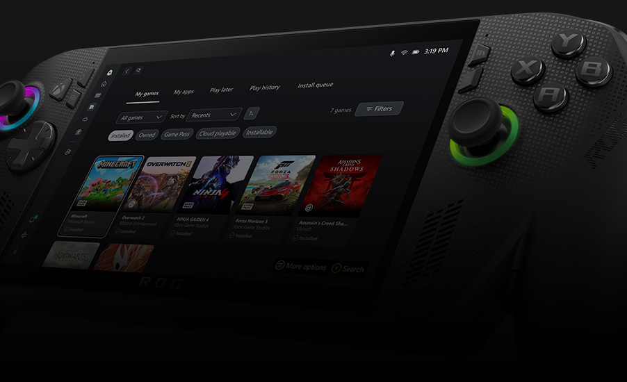 มุมมองระยะใกล้ของจอแสดงผลโดยมี UI ไลบรารีเกมแสดงอยู่บน ROG Xbox Ally X