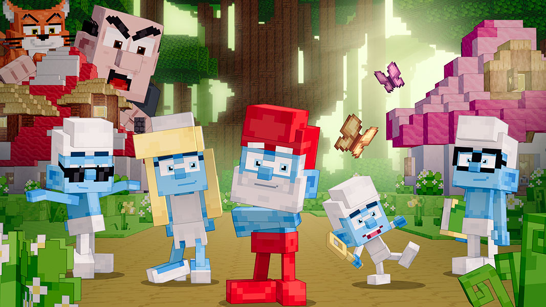 The Smurfs in the style of Minecraft standing in the Smurf village as Gargamel approaches in the background. 