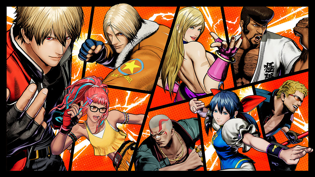 Several Fatal Fury characters in fighting poses collaged together on a red background.