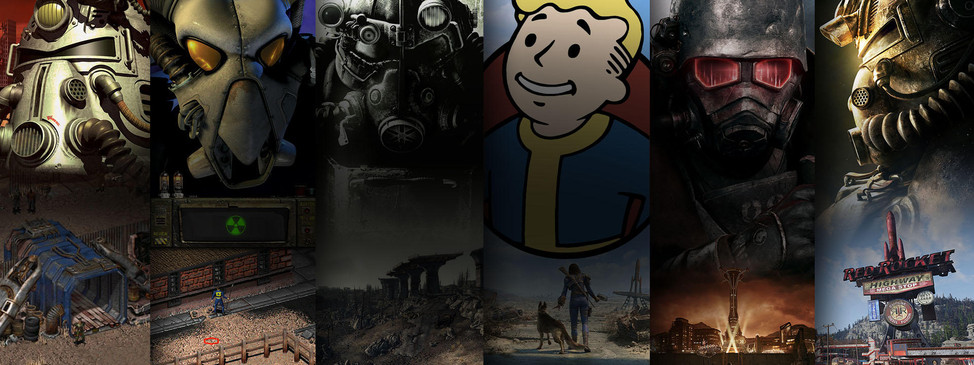 A lineup of games available to play with Xbox Game Pass. Fallout, Fallout 2, Fallout 3, Fallout 4, Fallout: New Vegas, and Fallout 76.
