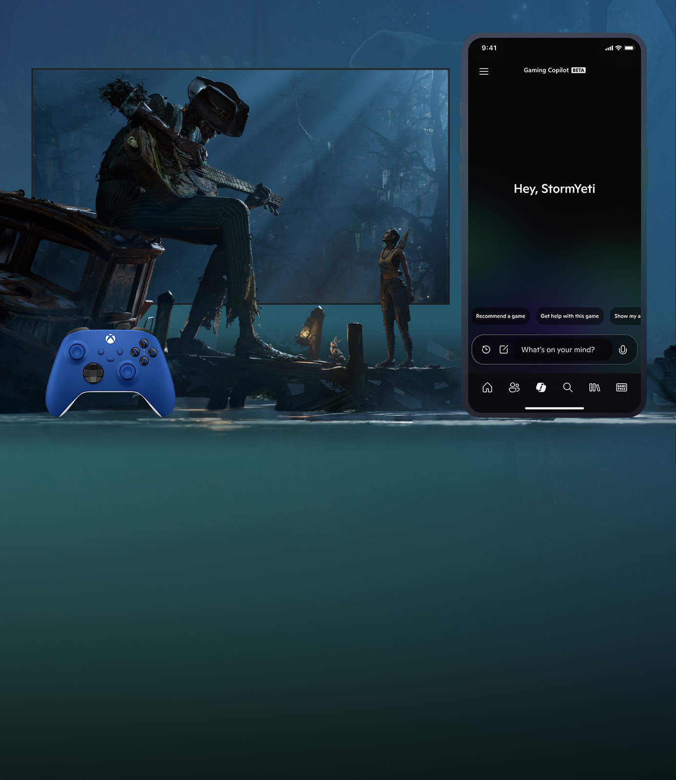 A mobile phone next to a TV with South of Midnight gameplay next to a Xbox Wireless Controller.