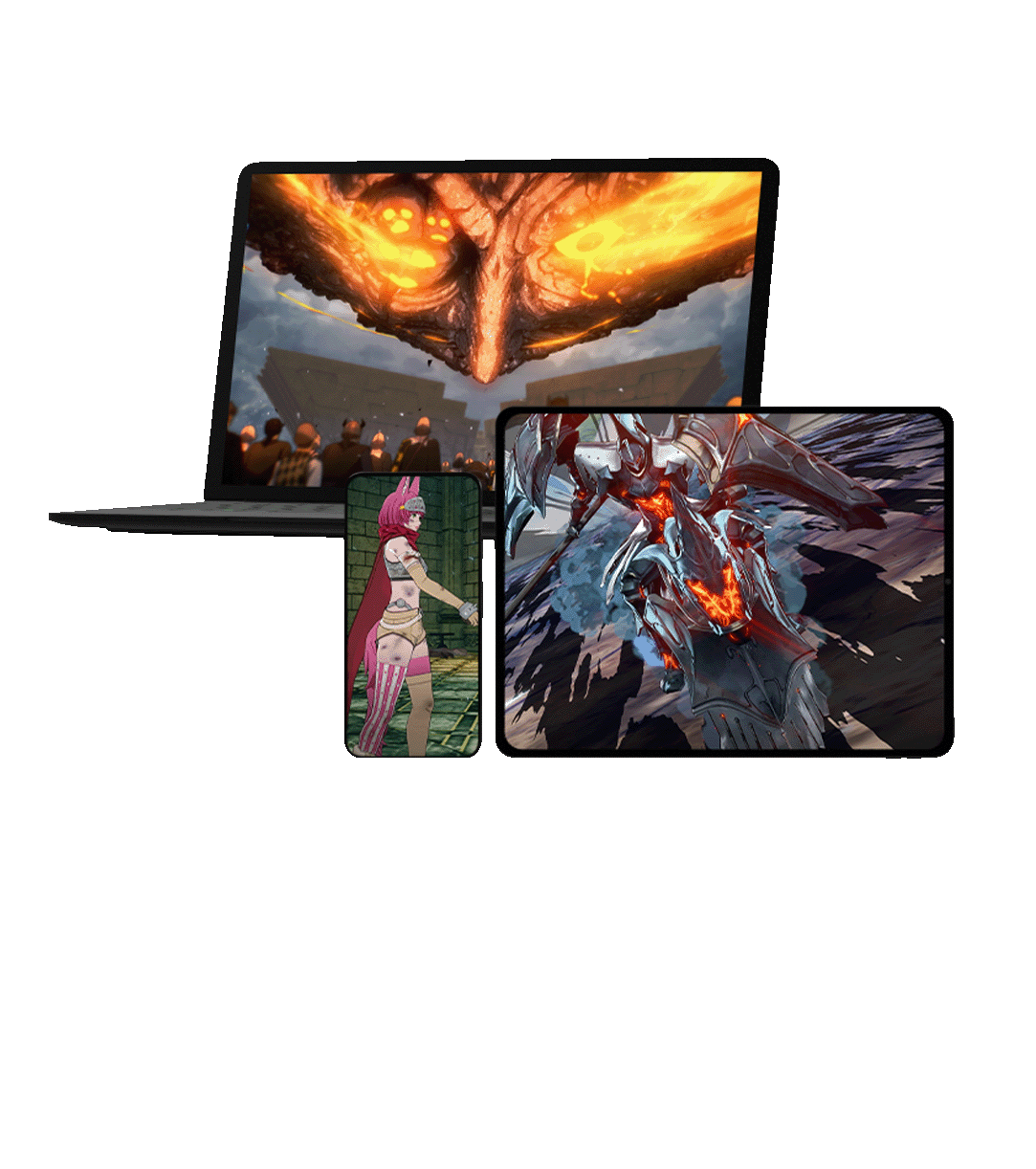 front view of three different monitor screens displaying Metaphor: ReFantazio