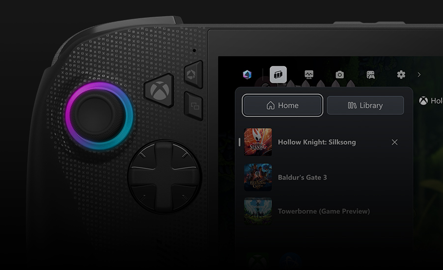 Close up angle of the Xbox button with the game bar UI on the ROG Xbox Ally X
