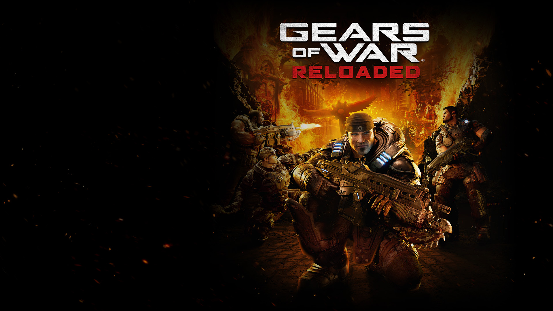 Gears of War Reloaded, Marcus, accroupi, regarde devant lui. Derrière lui, Damon, Dominic et Augustus repoussent les Locustes dans une ville en flammes.