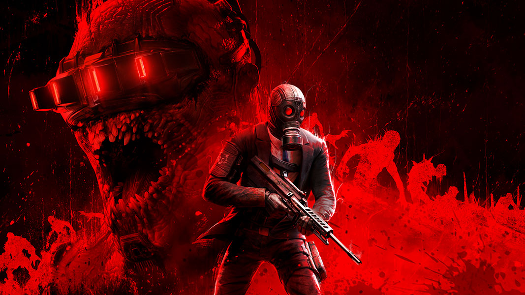A mercenary holding a tactical rifle wearing a gas mask and trenchcoat running infront of a red glowing monster