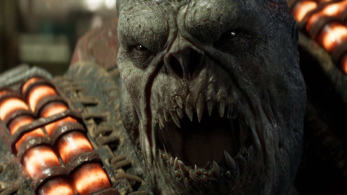 Soldiers engage a large Locust Boomer enemy amid wreckage and explosions in a Gears of War: E-Day combat scene