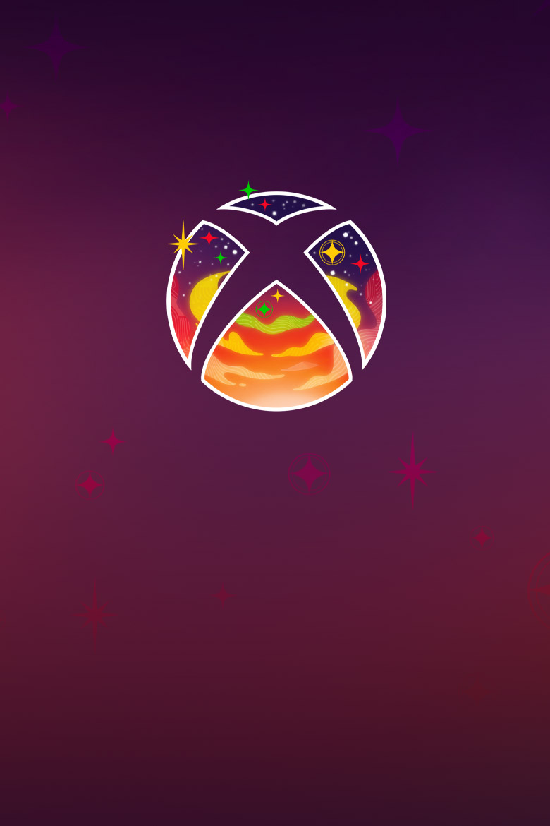 The Xbox logo filled with colorful stars and clouds.