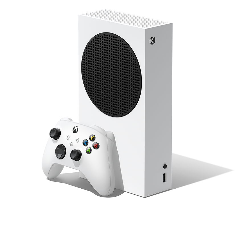 Right angle of the Xbox Series S with an Xbox wireless controller