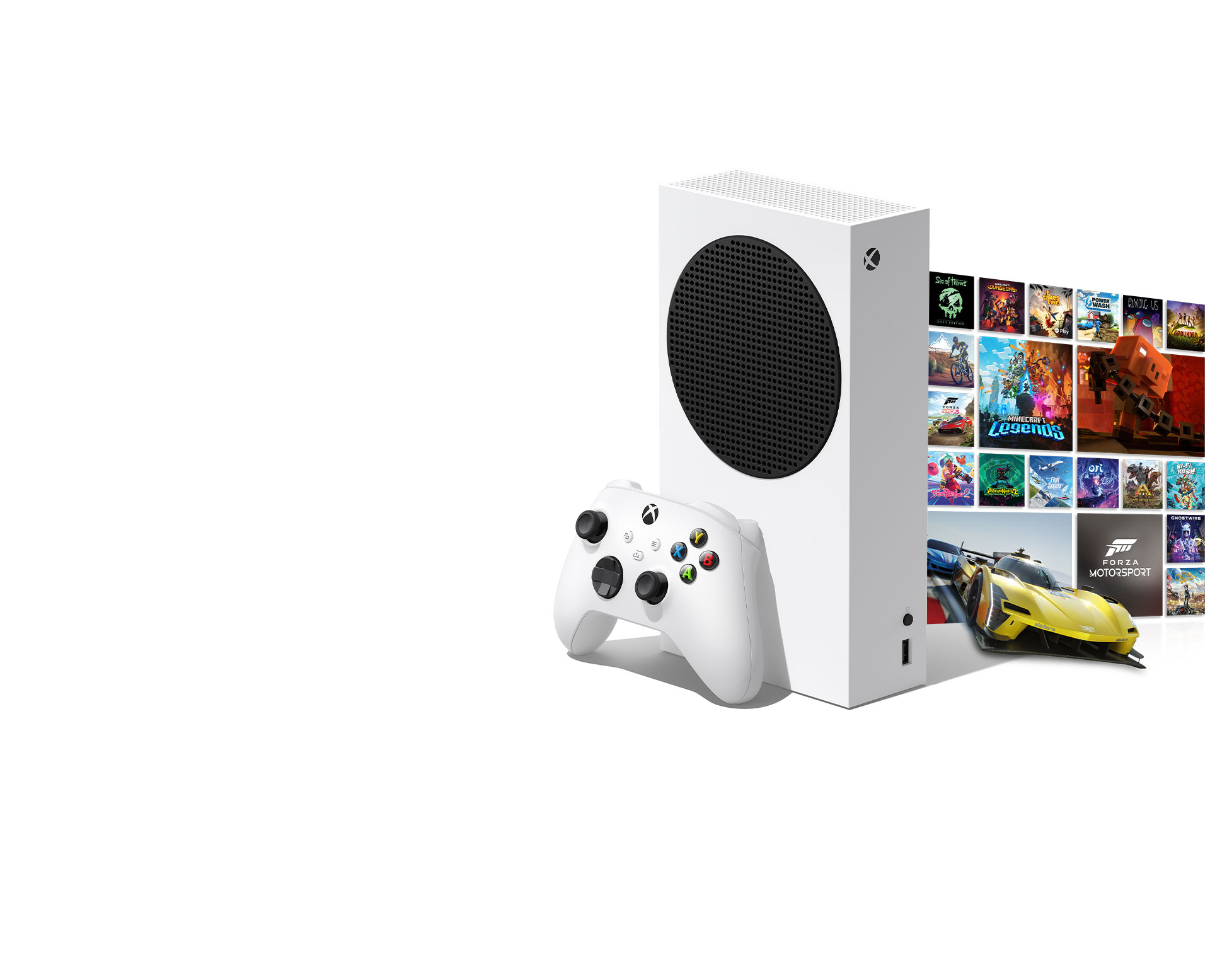 Xbox Series S con un control en blanco robot y una tarjeta que dice Xbox Game Pass Ultimate, con un mosaico de imágenes de la caja de juegos disponibles con Xbox Game Pass a la derecha.