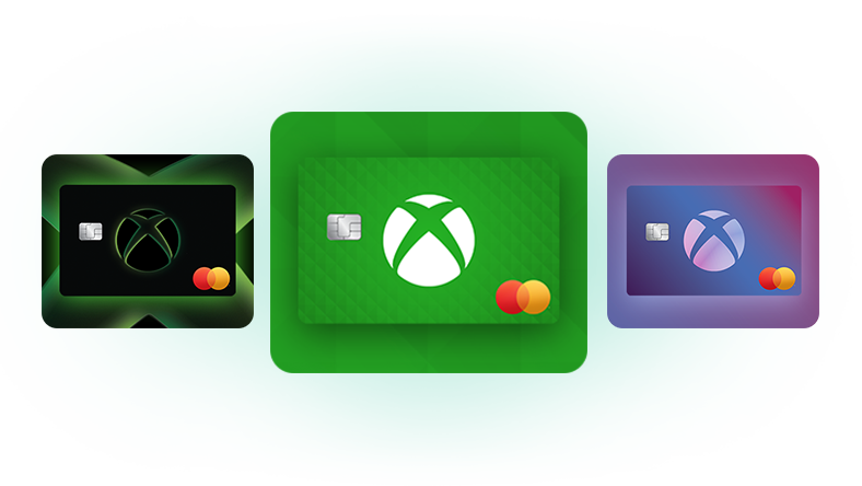 Three Xbox Mastercards with Xbox and Mastercard logos on colorful backgrounds