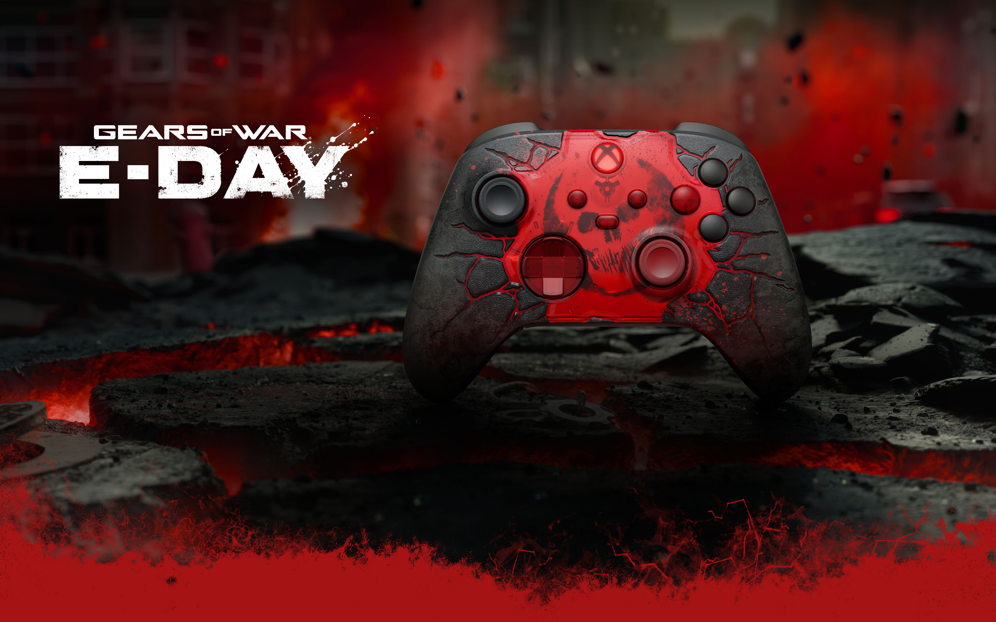 Logotipo do Gears of War: E-Day, o Controle sem fio XBOX – Gears of War: E-Day em um plano de fundo de campo de lava