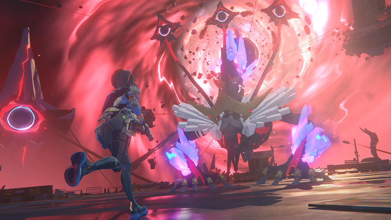 Personagem corre na direção de um monstro que desce do céu entre chamas vermelhas