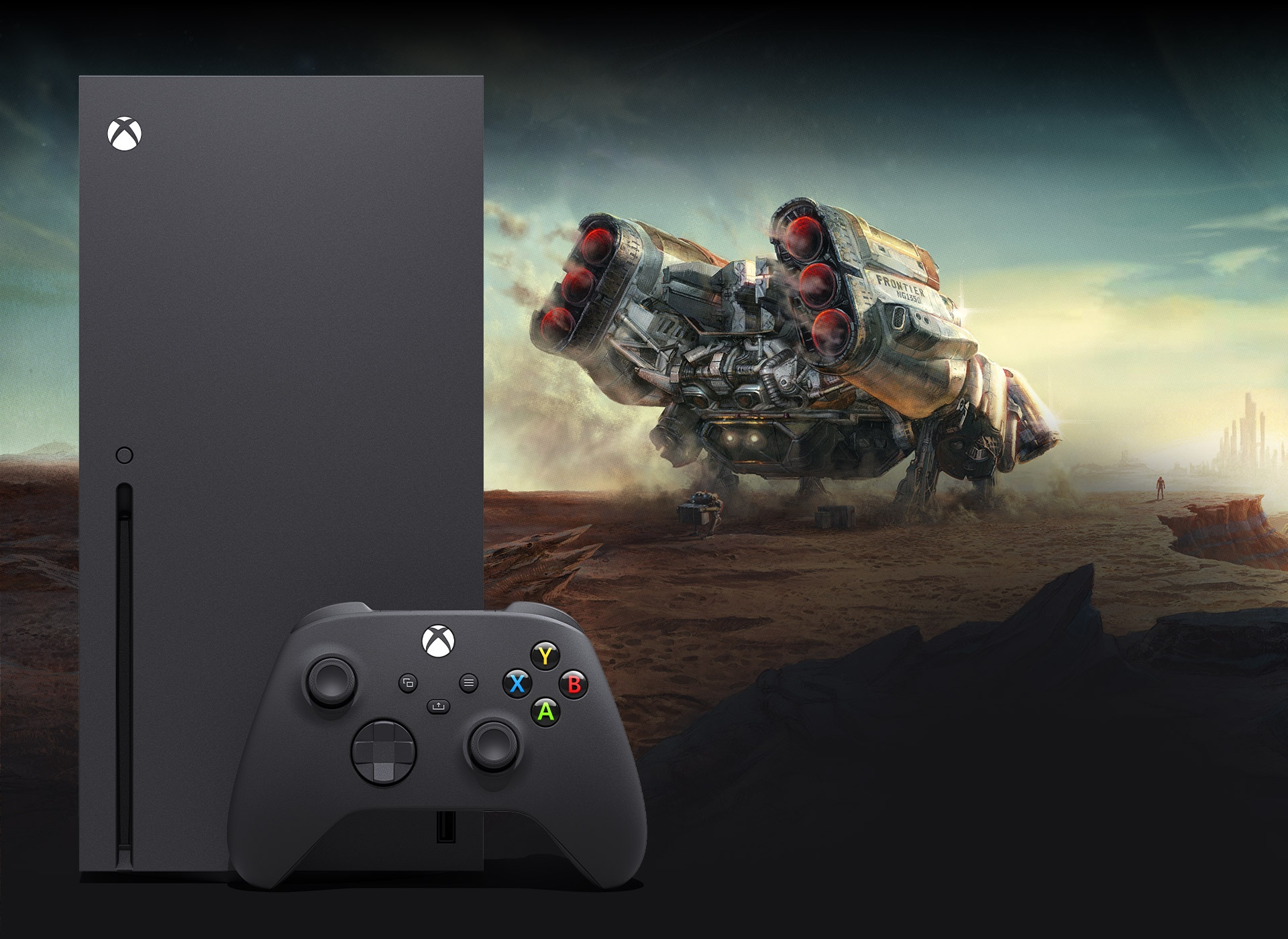 Xbox Series X with a woman in handmade leather clothes closes her eyes in the darkness as hands reach out to touch her face.